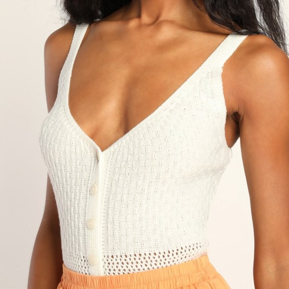 Lulus Pointelle The Way Ivory Sweater Knit Button-up Cami Tank Top White